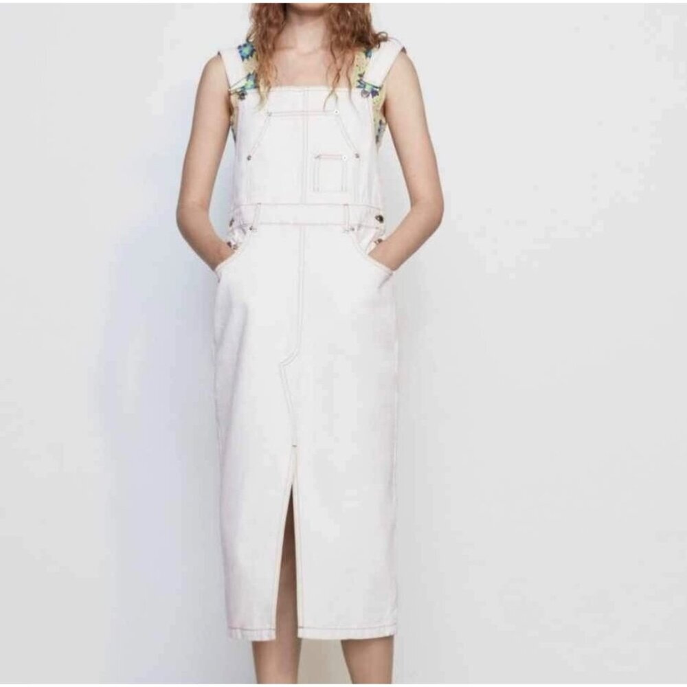 Zara Off White Brown Stitches Denim Overall Dress Bib Skirt Size Medium